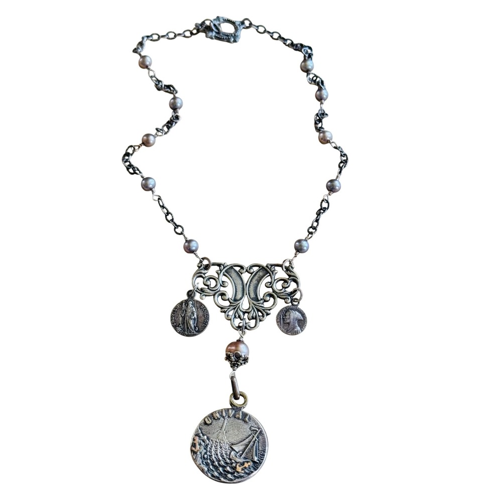 VSA Virgins Saints & Angels Medal Mirror Necklace Pearl Beaded Silver Ornate 18"